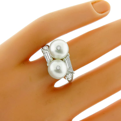 Estate Pearl 1.00ct Trapezoid Diamond 18k White Gold Ring