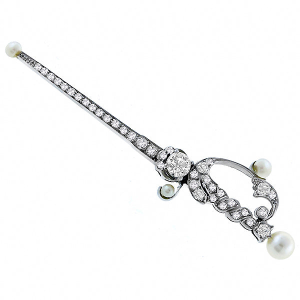 Edwardian 0.45ct Diamond  Pearl Gold Sword Pin