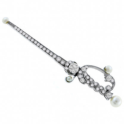 Edwardian 0.45ct Diamond  Pearl Gold Sword Pin