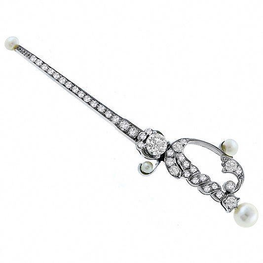 Edwardian 0.45ct Diamond  Pearl Gold Sword Pin