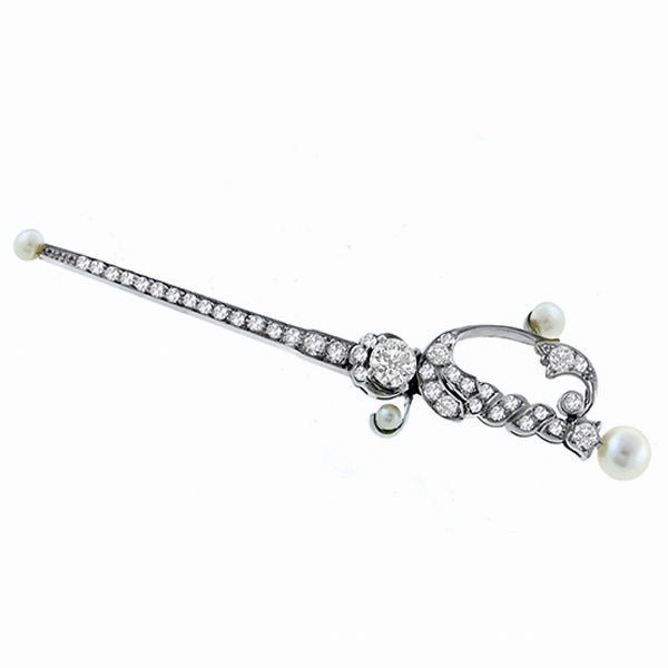 Edwardian 0.45ct Diamond  Pearl Gold Sword Pin