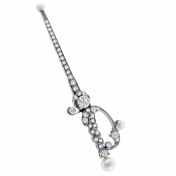 Edwardian 0.45ct Diamond  Pearl Gold Sword Pin