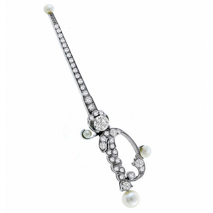 Edwardian 0.45ct Diamond  Pearl Gold Sword Pin