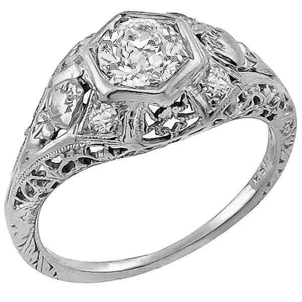Edwardian 0.55ct Old Mine Cut Diamond 18k White Gold Engagement Ring