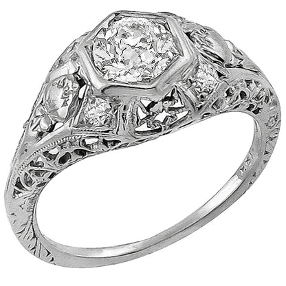 Edwardian 0.55ct Old Mine Cut Diamond 18k White Gold Engagement Ring
