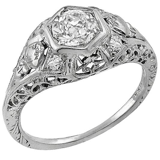 Edwardian 0.55ct Old Mine Cut Diamond 18k White Gold Engagement Ring