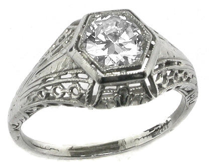 Edwardian 0.76ct Round Cut Diamond 18k White Gold Engagement Ring
