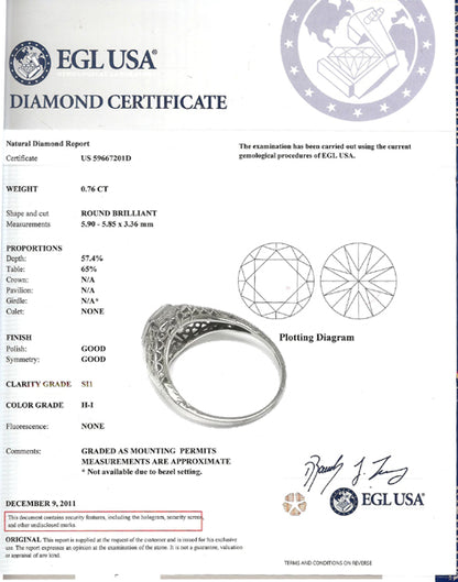 Edwardian 0.76ct Round Cut Diamond 18k White Gold Engagement Ring