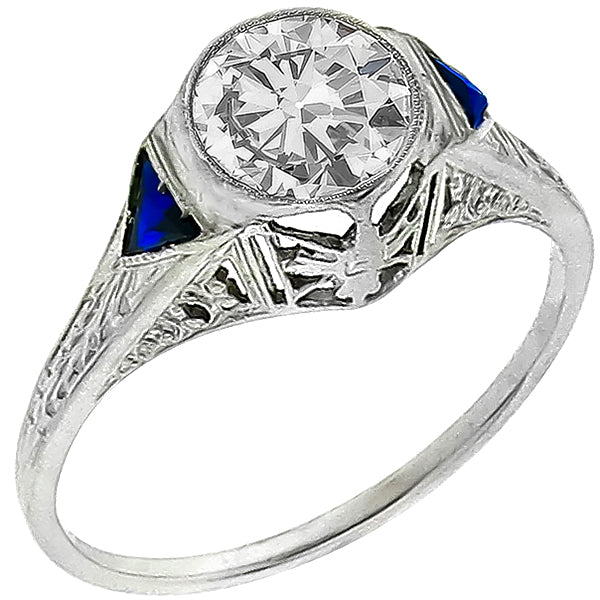 Edwardian 0.93ct Old Mine Cut Diamond Sapphire   18k White Gold Engagement Ring