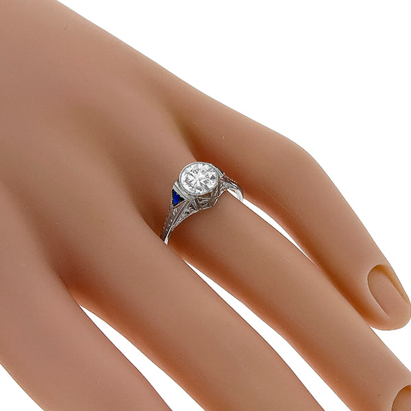 Edwardian 0.93ct Old Mine Cut Diamond Sapphire   18k White Gold Engagement Ring