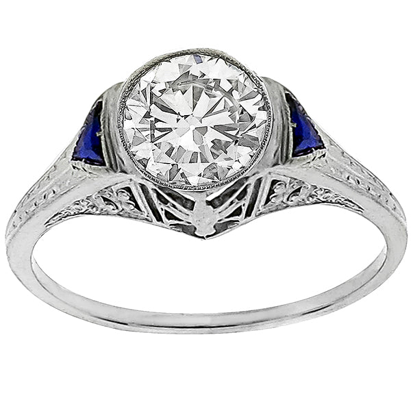 Edwardian 0.93ct Old Mine Cut Diamond Sapphire   18k White Gold Engagement Ring