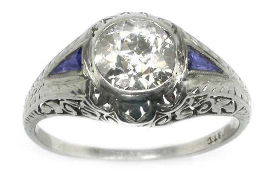 Edwardian 1.09ct Diamond & Sapphire 14k White Gold Engagement Ring