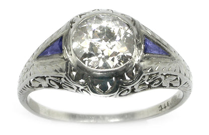 Edwardian 1.09ct Diamond & Sapphire 14k White Gold Engagement Ring