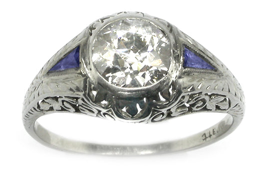 Edwardian 1.09ct Diamond & Sapphire 14k White Gold Engagement Ring