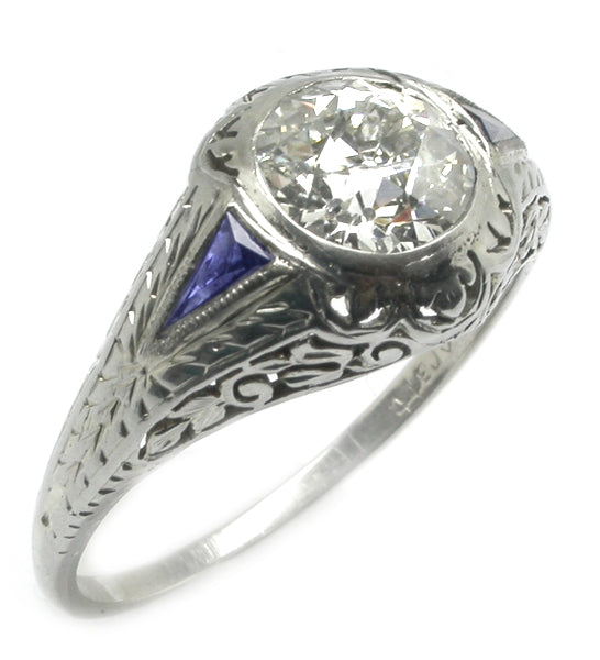 Edwardian 1.09ct Diamond & Sapphire 14k White Gold Engagement Ring