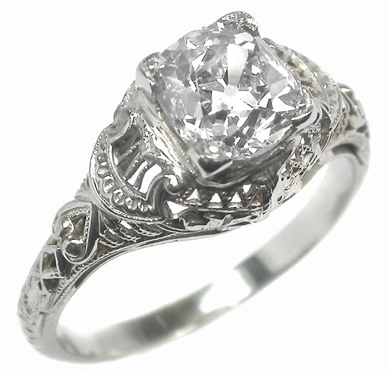 Edwardian 1.35ct Cushion Cut  Diamond 18k White Gold Engagement Ring