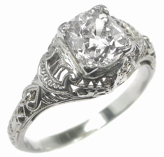 Edwardian 1.35ct Cushion Cut  Diamond 18k White Gold Engagement Ring