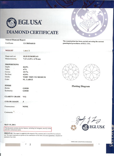 Edwardian 1.46ct Old European Cut  Diamond Platinum Engagement Ring