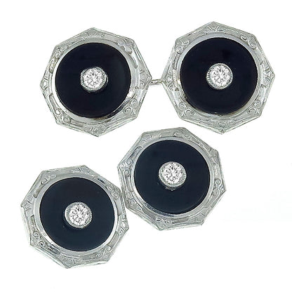 Edwardian 14k   White Gold 0.20ct Diamond Onyx Cufflinks