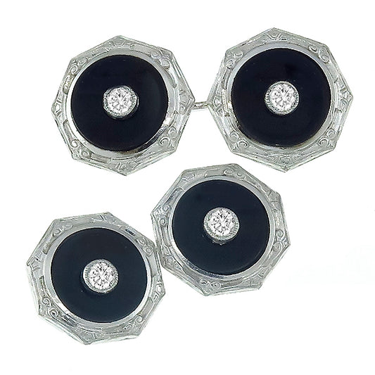 Edwardian 14k   White Gold 0.20ct Diamond Onyx Cufflinks