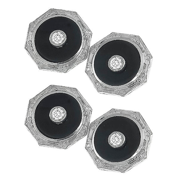 Edwardian 14k   White Gold 0.20ct Diamond Onyx Cufflinks