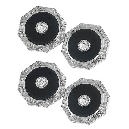 Edwardian 14k   White Gold 0.20ct Diamond Onyx Cufflinks