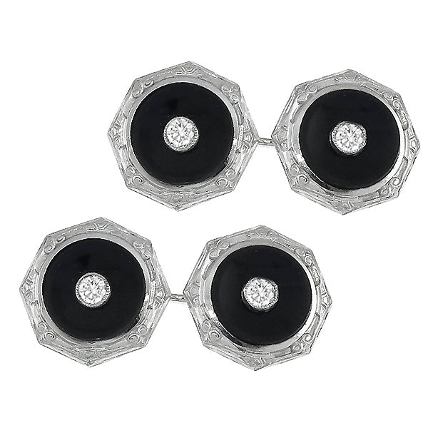 Edwardian 14k   White Gold 0.20ct Diamond Onyx Cufflinks