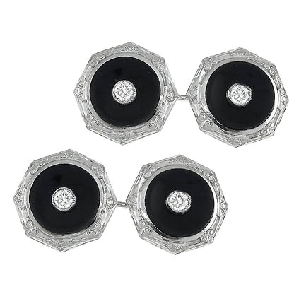 Edwardian 14k   White Gold 0.20ct Diamond Onyx Cufflinks