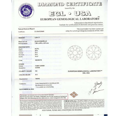 Edwardian EGL 1.54ct Old Mine Diamond Platinum Engagement Ring