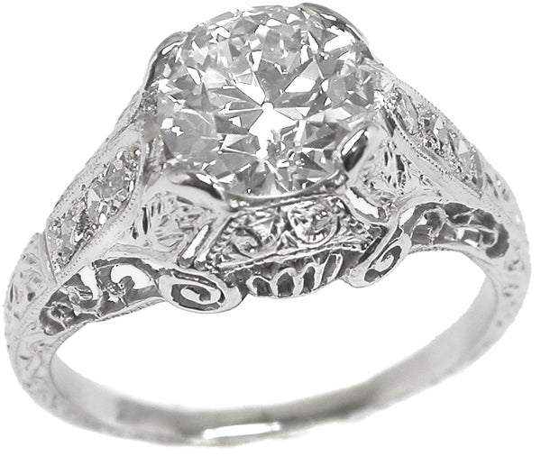 Edwardian GIA Certified 1.56ct Round Diamond Vintage Platinum Engagement Ring