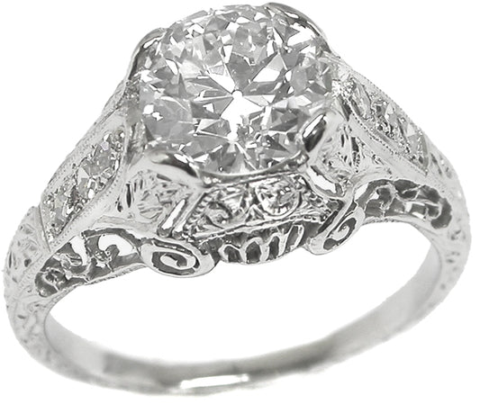 Edwardian GIA Certified 1.56ct Round Diamond Vintage Platinum Engagement Ring