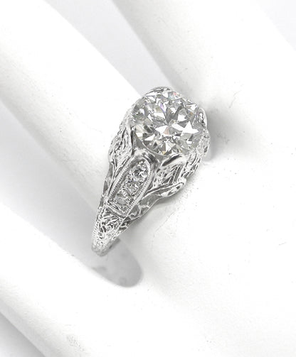 Edwardian GIA Certified 1.56ct Round Diamond Vintage Platinum Engagement Ring