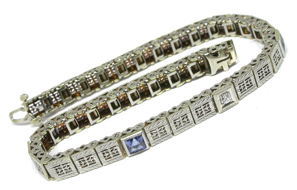 Edwardian 1ct Sapphire & Diamond 14k White Gold Bracelet