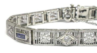 Edwardian Diamond & Synthetic Sapphire Platinum and 14k White Gold Bracelet