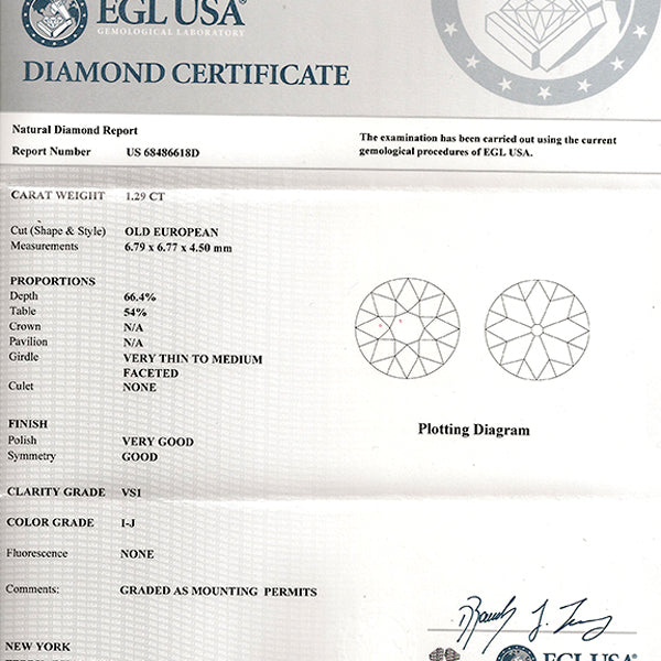 Edwardian EGL Certified 1.29ct Diamond Engagement Ring