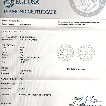 Edwardian EGL Certified 1.29ct Diamond Engagement Ring