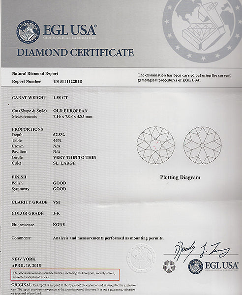 Edwardian EGL Certified 1.55ct Diamond Platinum Engagement Ring