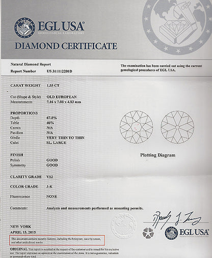 Edwardian EGL Certified 1.55ct Diamond Platinum Engagement Ring