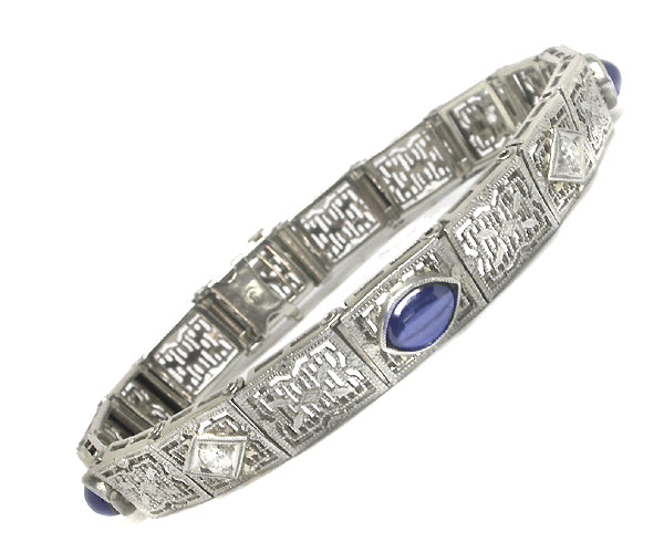 Edwardian Sapphire Diamond 14k White Gold Platinum Filigree Bracelet