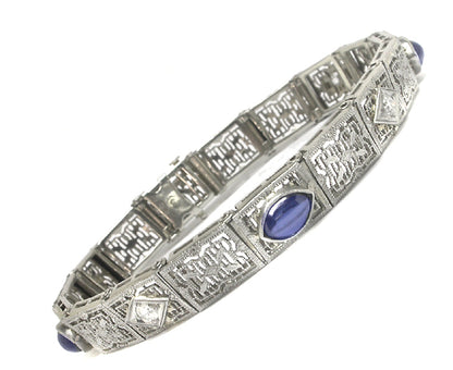 Edwardian Sapphire Diamond 14k White Gold Platinum Filigree Bracelet