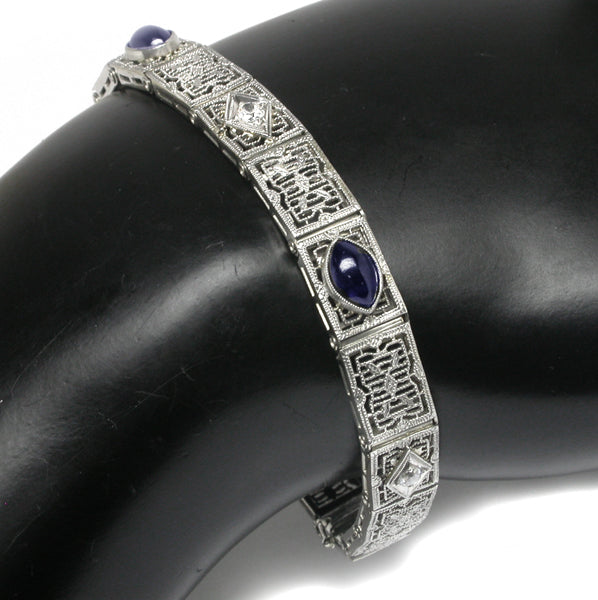 Edwardian Sapphire Diamond 14k White Gold Platinum Filigree Bracelet