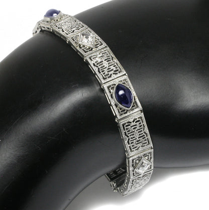 Edwardian Sapphire Diamond 14k White Gold Platinum Filigree Bracelet