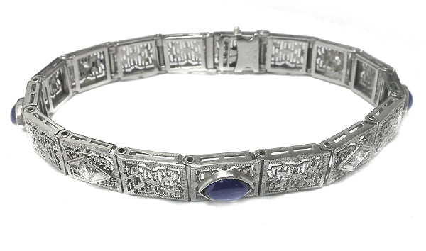 Edwardian Sapphire Diamond 14k White Gold Platinum Filigree Bracelet