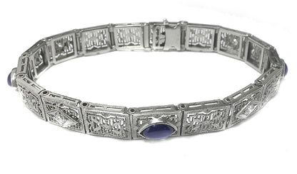 Edwardian Sapphire Diamond 14k White Gold Platinum Filigree Bracelet