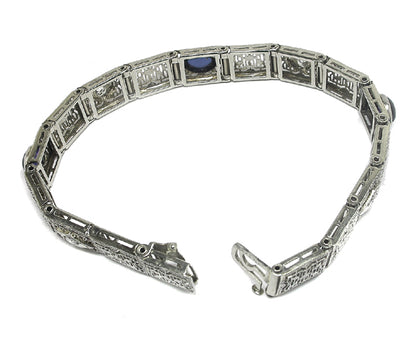 Edwardian Sapphire Diamond 14k White Gold Platinum Filigree Bracelet