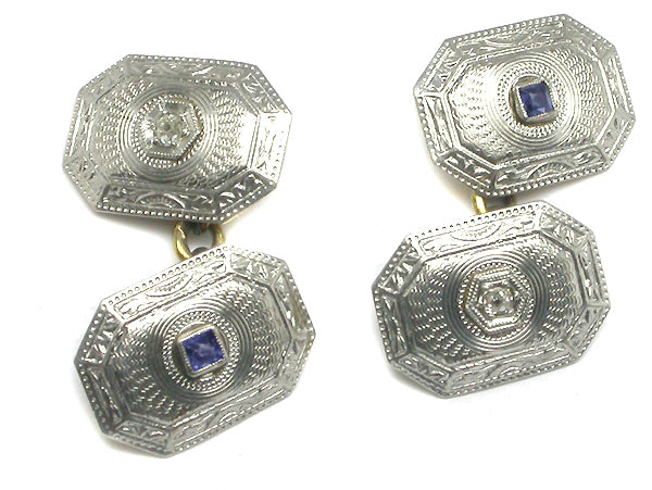 Edwardian  Sapphire Diamond  Platinum & 14k Yellow Gold Cufflinks