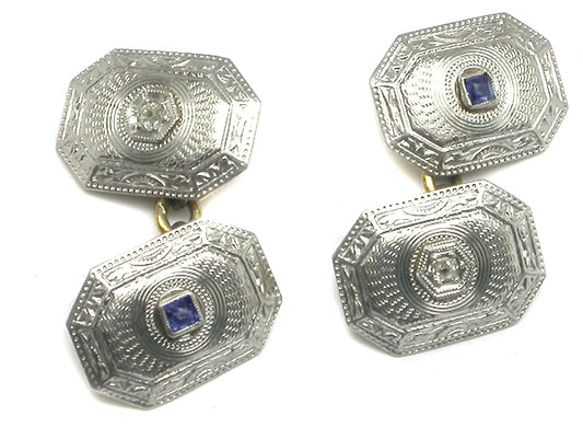 Edwardian  Sapphire Diamond  Platinum & 14k Yellow Gold Cufflinks