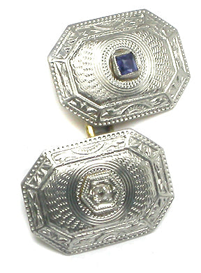 Edwardian  Sapphire Diamond  Platinum & 14k Yellow Gold Cufflinks