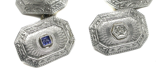 Edwardian  Sapphire Diamond  Platinum & 14k Yellow Gold Cufflinks