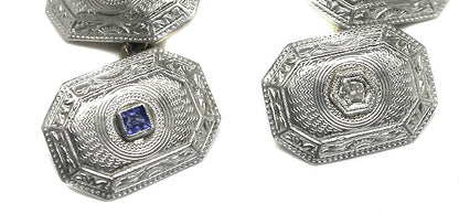 Edwardian  Sapphire Diamond  Platinum & 14k Yellow Gold Cufflinks